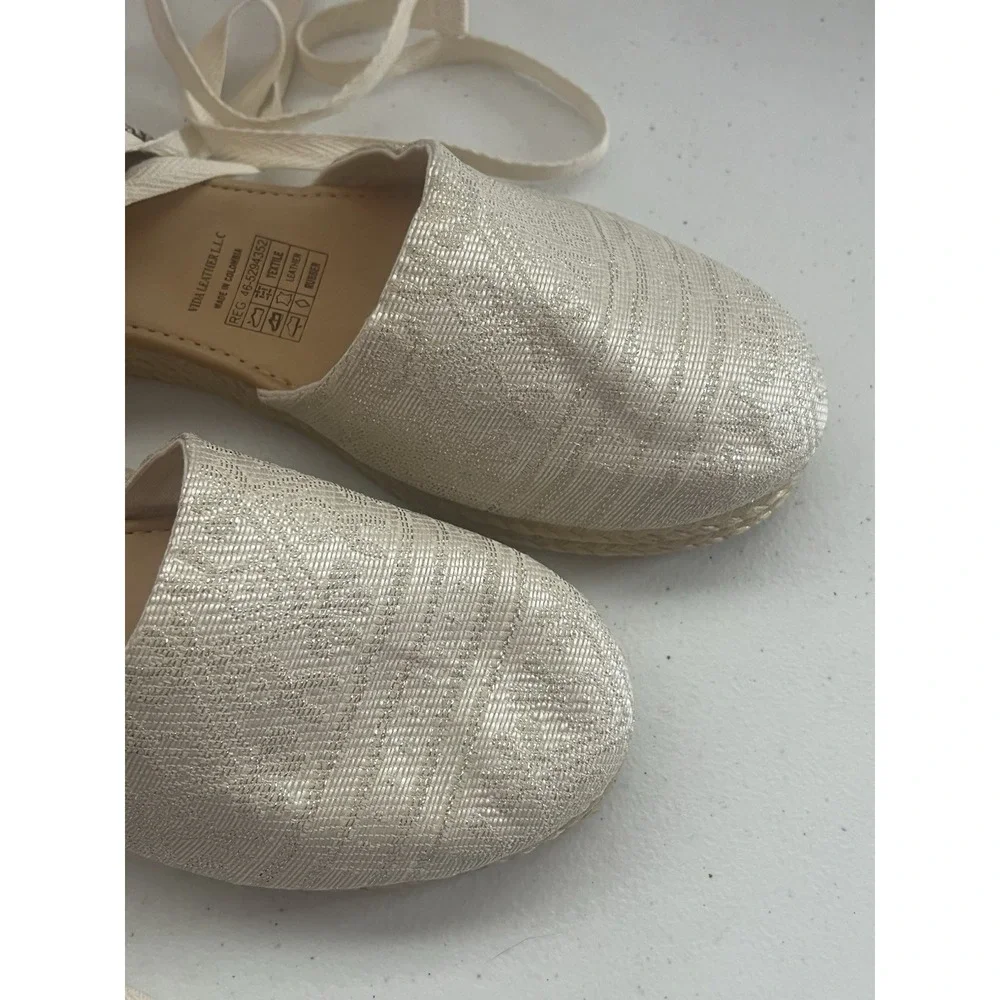 Vida Leather Off White Shimmery Espadrilles Ankle Tie Size 40 US Size 9 New